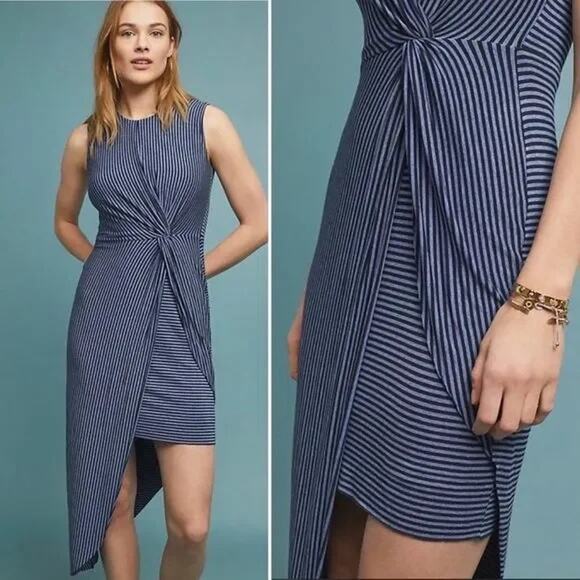 Bailey / 44 navy blue striped asymmetrical dress size M - Picture 1 of 13